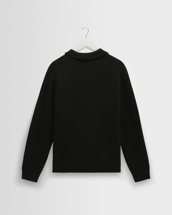 wax london men's Carter - Black Open Collar Fluffy Wool Knit Polo