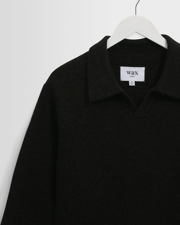 wax london men's Carter - Black Open Collar Fluffy Wool Knit Polo