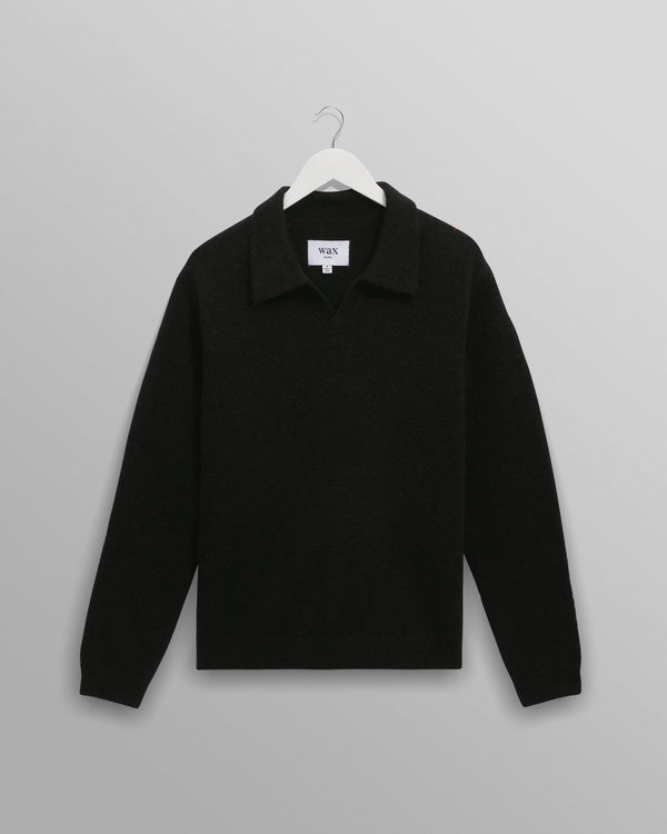 wax london men's Carter - Black Open Collar Fluffy Wool Knit Polo