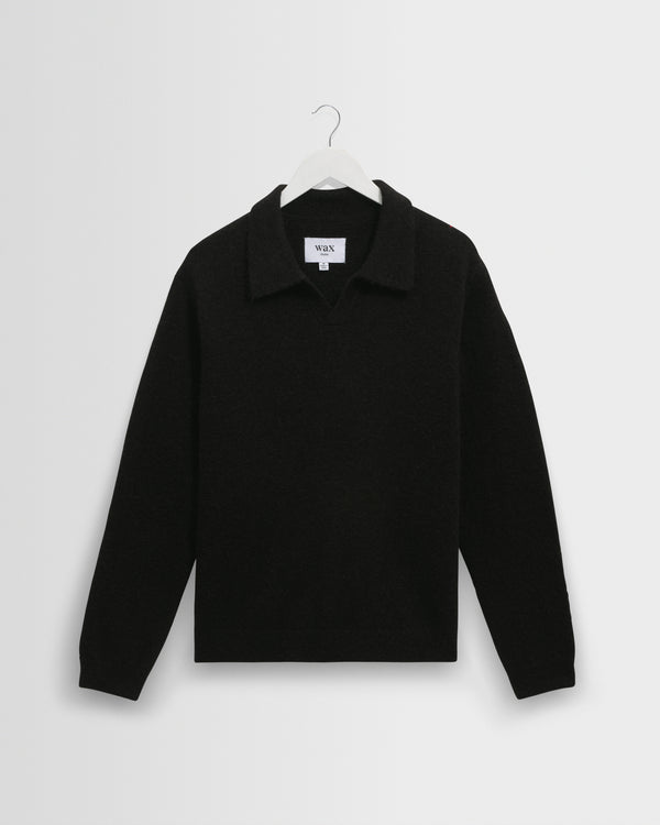 wax london men's Carter - Black Open Collar Fluffy Wool Knit Polo