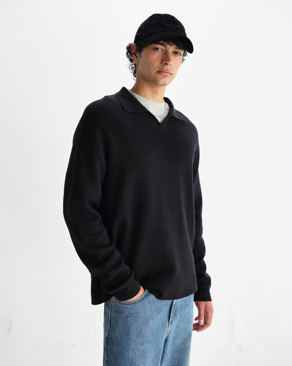wax london men's Carter - Black Open Collar Milano Knit Polo