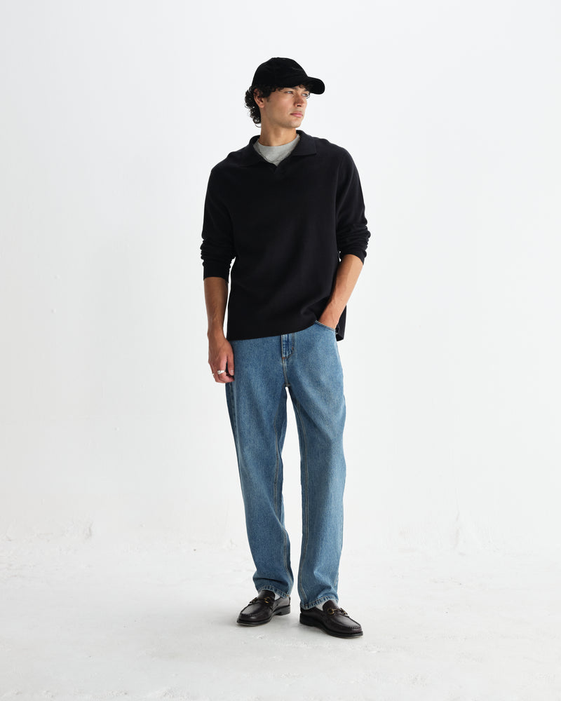 wax london men's Carter - Black Open Collar Milano Knit Polo
