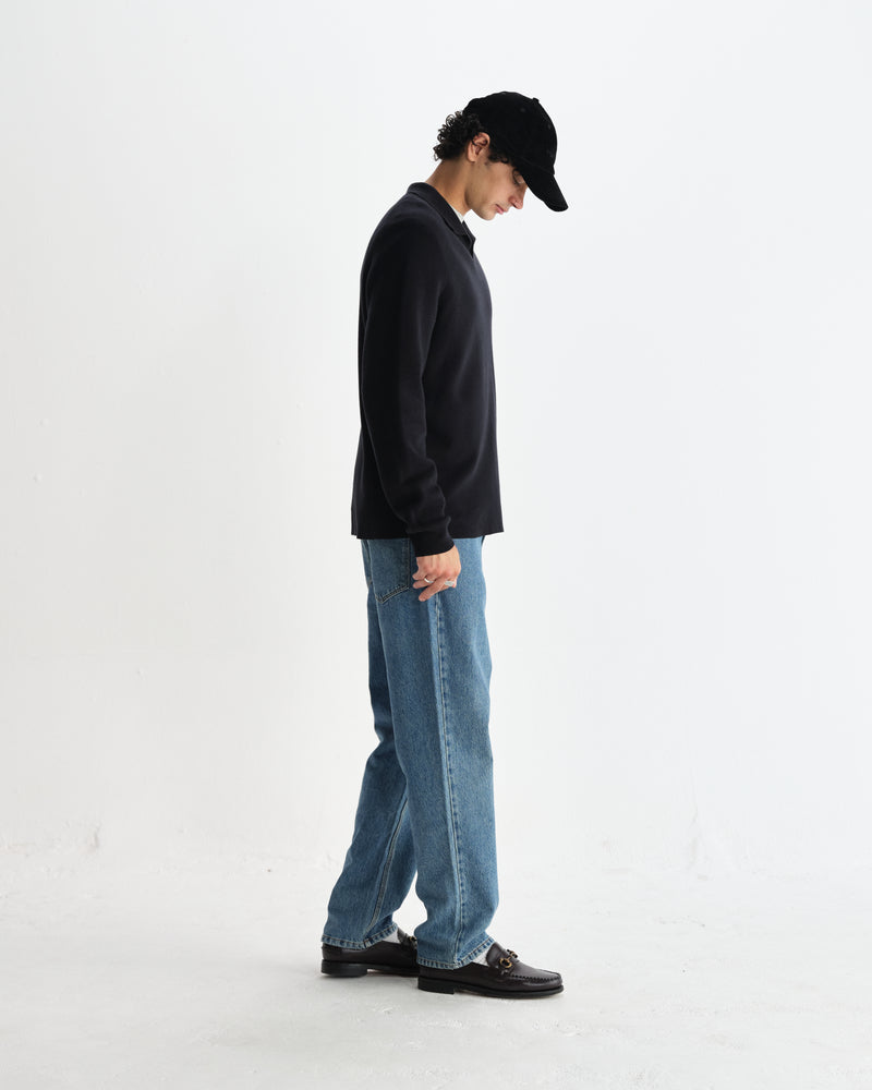 wax london men's Carter - Black Open Collar Milano Knit Polo