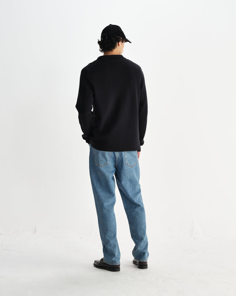 wax london men's Carter - Black Open Collar Milano Knit Polo