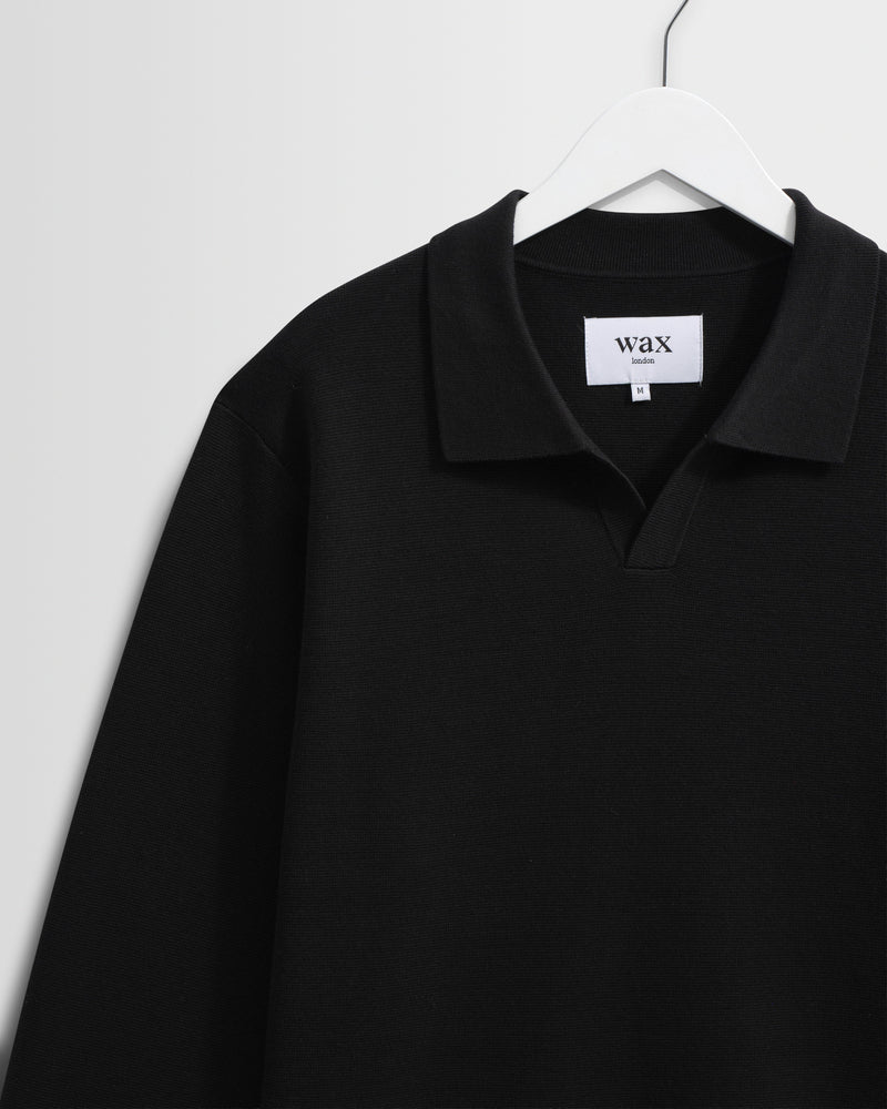 Men's Black Open Collar Milano Knit Polo | Wax London