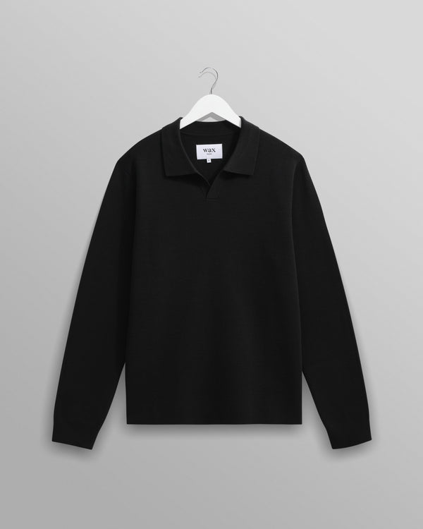wax london men's Carter - Black Open Collar Milano Knit Polo