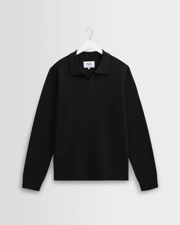 wax london men's Carter - Black Open Collar Milano Knit Polo