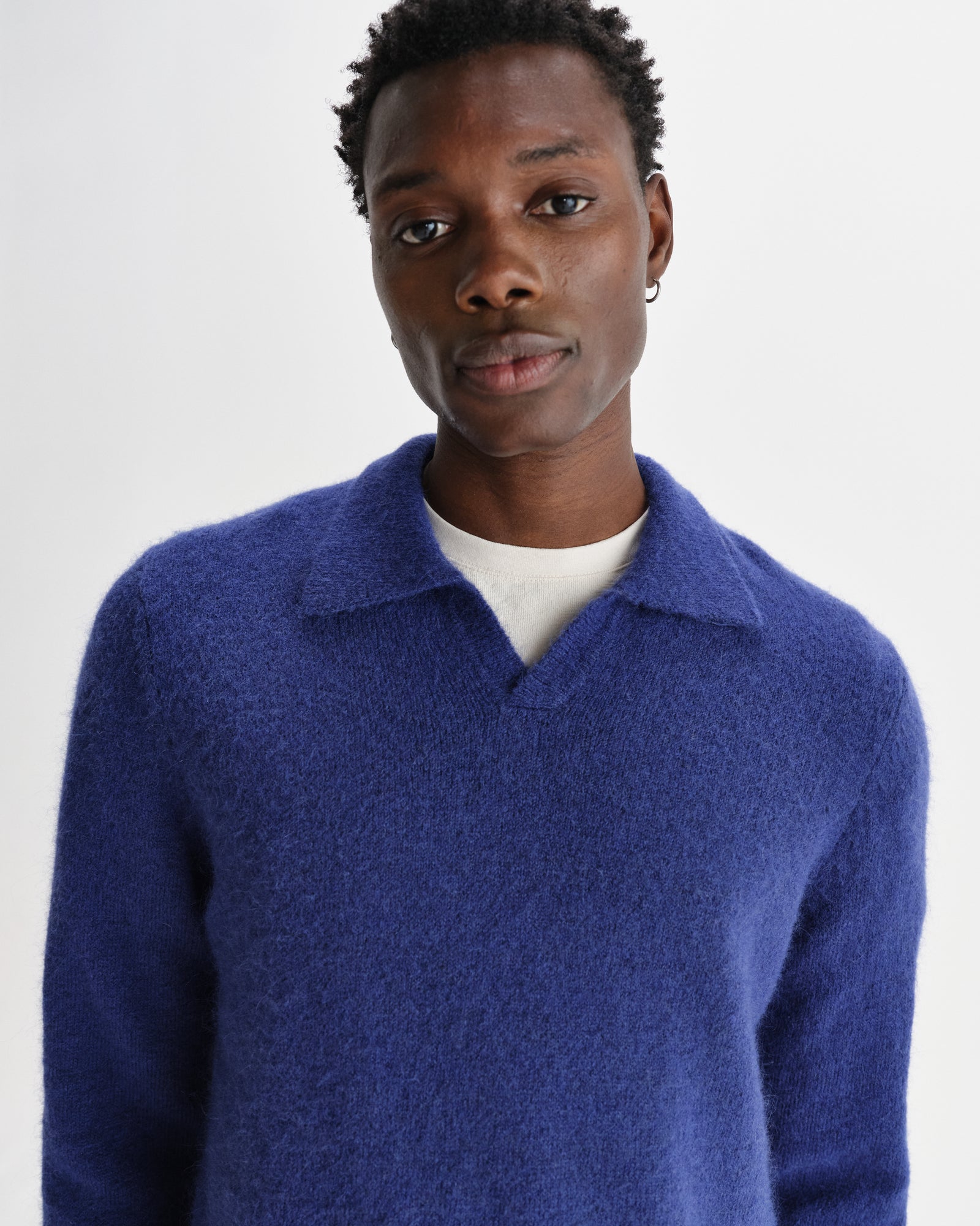 Men's Blue Open Collar Fluffy Wool Knit Polo | Wax London
