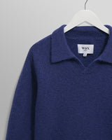 wax london men's Carter - Blue Open Collar Fluffy Wool Knit Polo