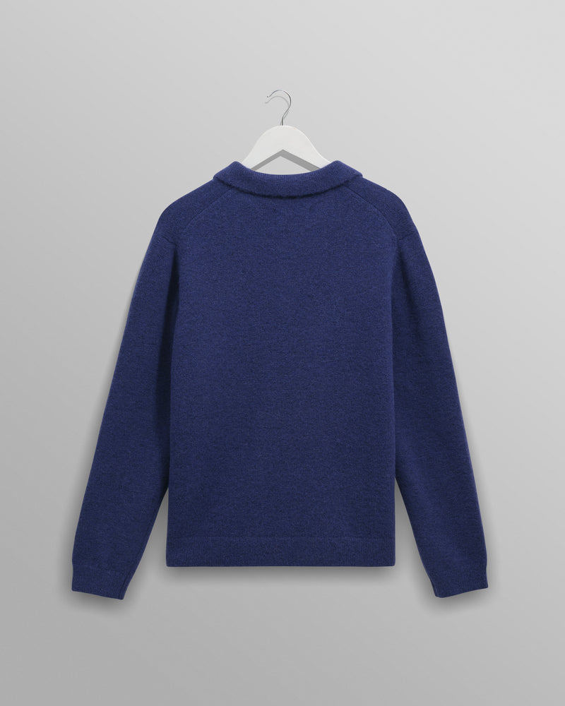 wax london men's Carter - Blue Open Collar Fluffy Wool Knit Polo