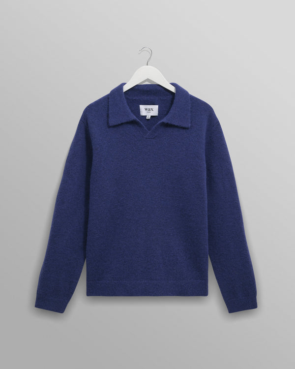wax london men's Carter - Blue Open Collar Fluffy Wool Knit Polo