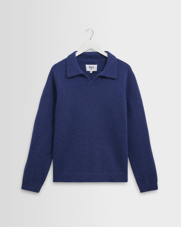 wax london men's Carter - Blue Open Collar Fluffy Wool Knit Polo