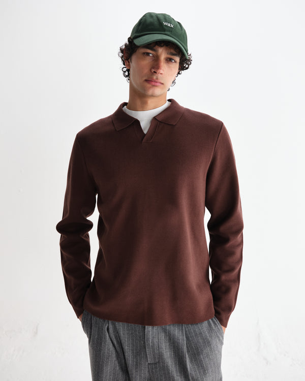 wax london men's Carter - Brown Open Collar Milano Knit Polo