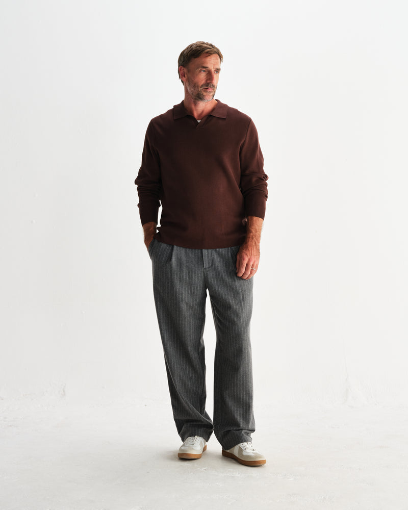 wax london men's Carter - Brown Open Collar Milano Knit Polo