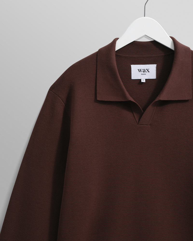 wax london men's Carter - Brown Open Collar Milano Knit Polo