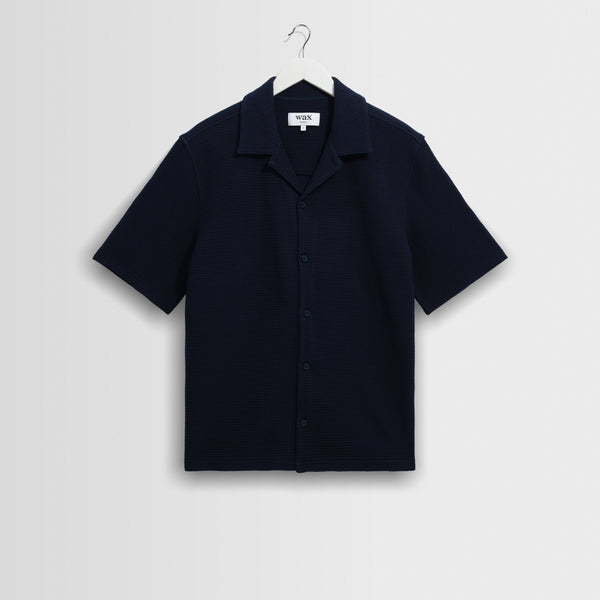Men's Navy Textured Waffle Short-Sleeve Shirt | Wax London