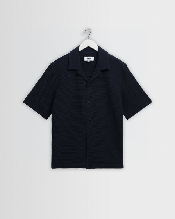 wax london men's Clayland - Navy Textured Waffle Short-Sleeve Shirt