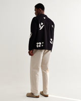 wax london men's Corey - Black And Beige Abstract Applique Cotton-Linen Shirt