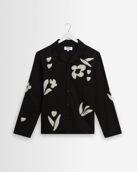 Corey - Black And Beige Abstract Applique Cotton-Linen Shirt