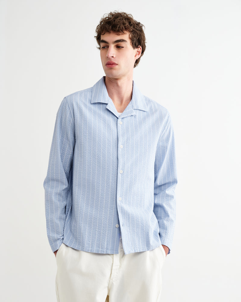 Men's Blue And Ecru Seersucker-Cotton Stripe Shirt & Wax London