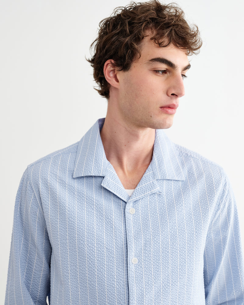 Men's Blue And Ecru Seersucker-Cotton Stripe Shirt & Wax London
