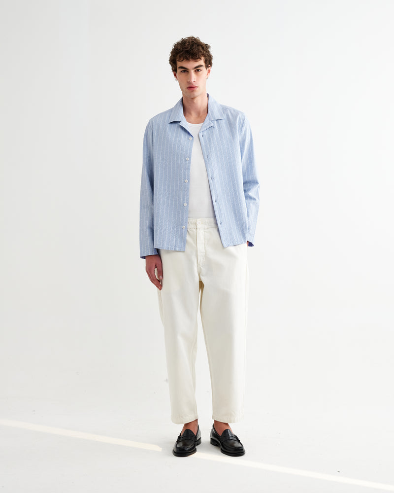 Men's Blue And Ecru Seersucker-Cotton Stripe Shirt & Wax London