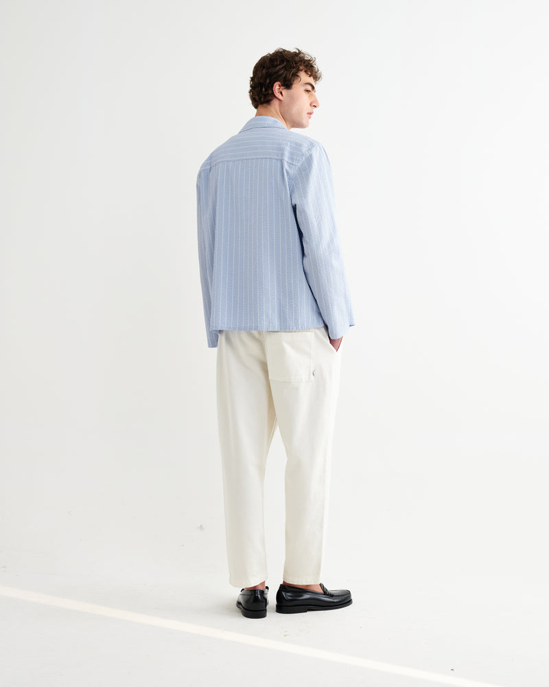 Men's Blue And Ecru Seersucker-Cotton Stripe Shirt & Wax London