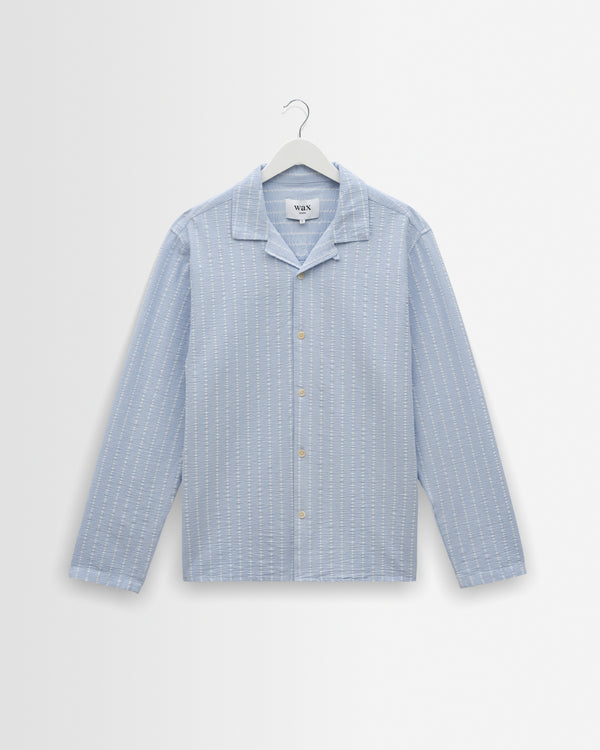 wax london men's Corey - Blue And Ecru Seersucker-Cotton Stripe Shirt