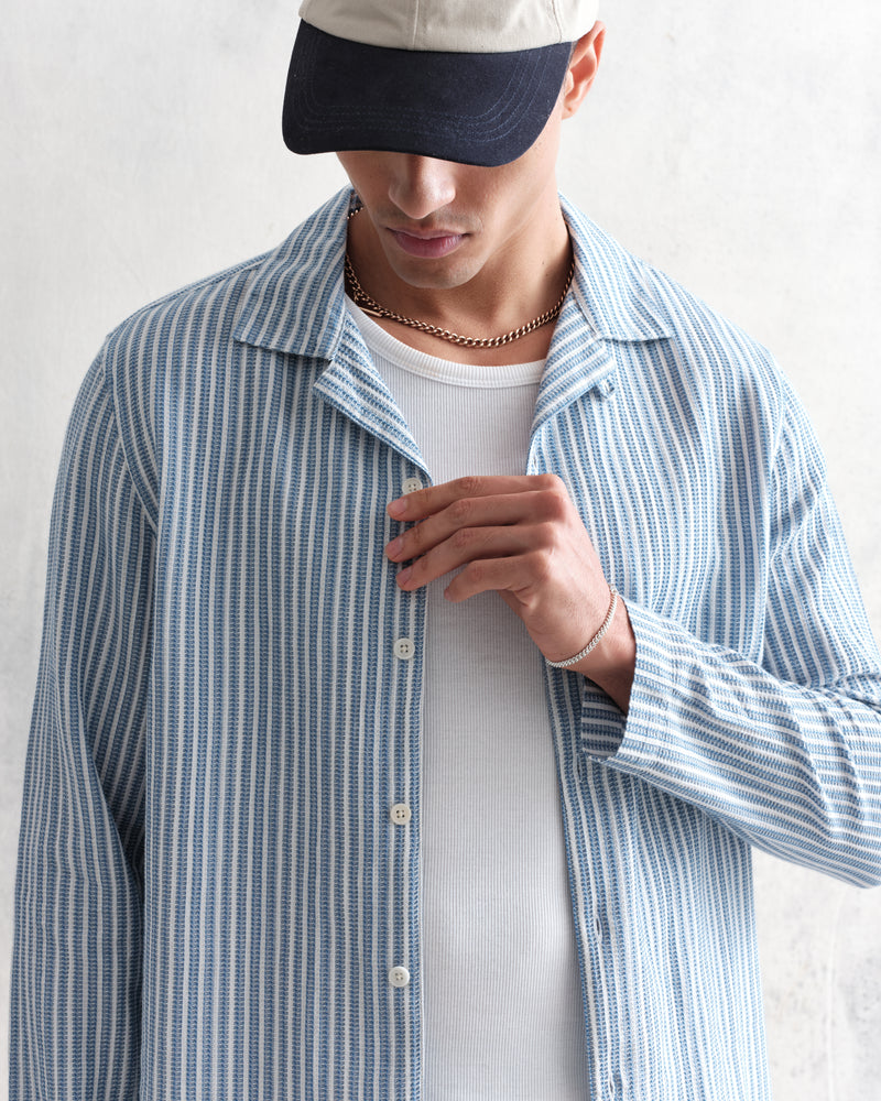 wax london Corey - Blue And White Twisted Stripe Cotton Shirt