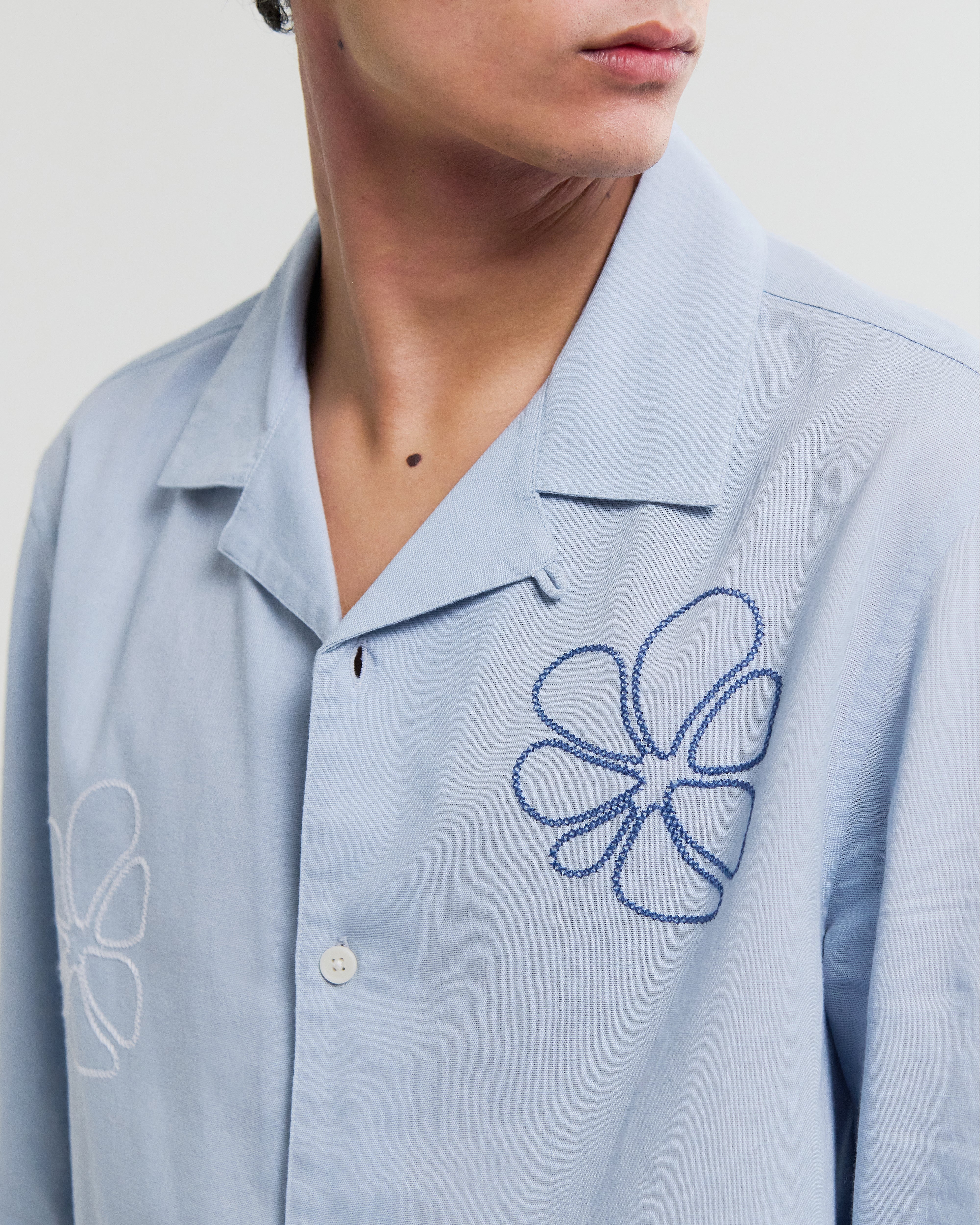Men's Blue Cross Stitch Doodle Cotton-Linen Shirt & Wax London
