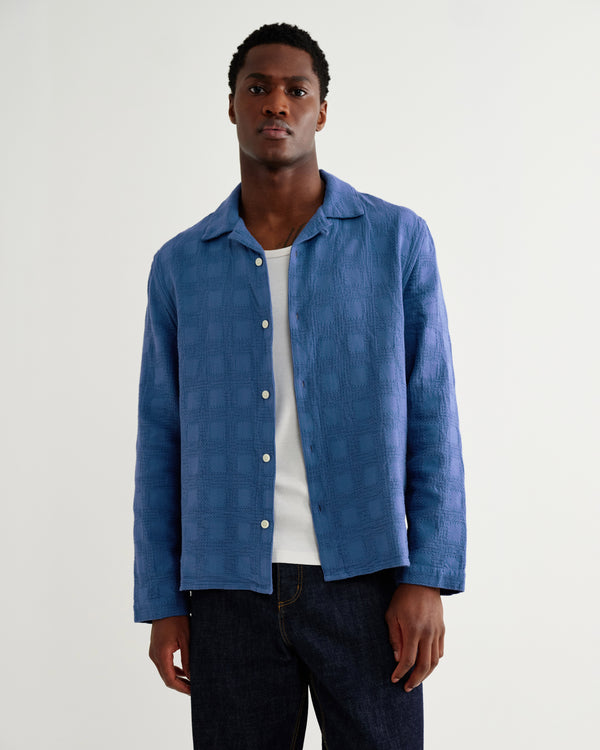 wax london men's Corey - Blue Dobby Check Cotton Shirt