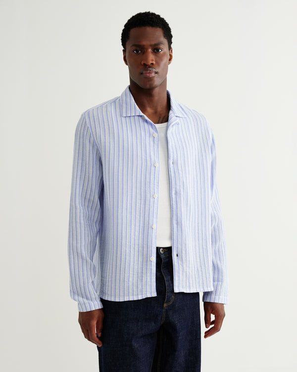 wax london men's Corey - Bright Blue Cotton Twisted Stripe Shirt