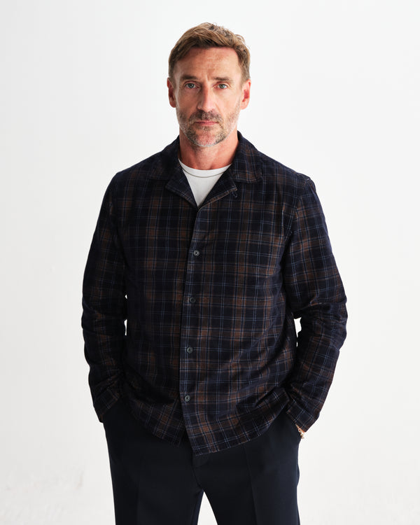 wax london men's Corey - Navy And Multicolour Check Corduroy Shirt