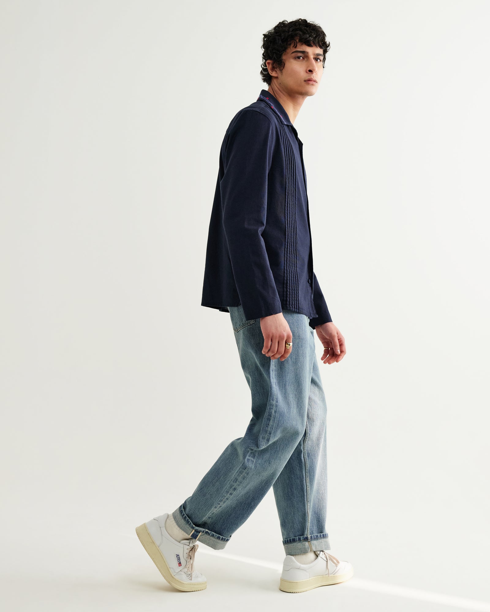 Men's Navy Pintuck Border Cotton-Linen Shirt | Wax London