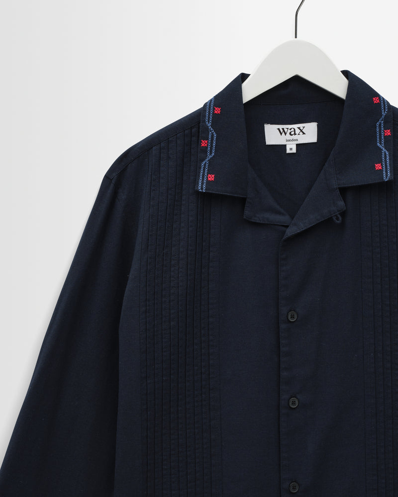 Men's Navy Pintuck Border Cotton-Linen Shirt | Wax London