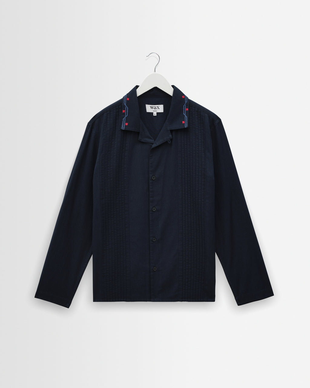 Men's Navy Pintuck Border Cotton-Linen Shirt | Wax London