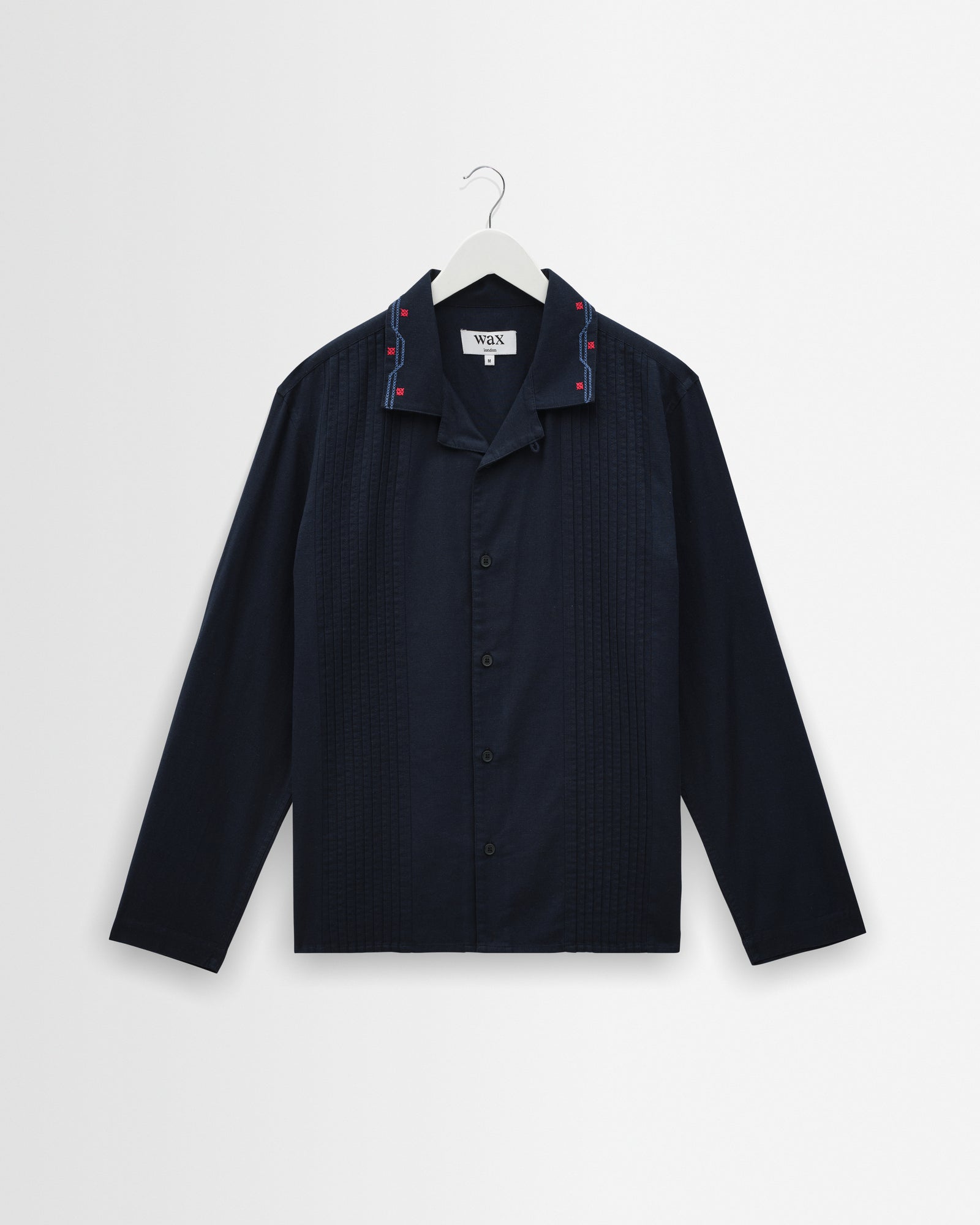 Men's Navy Pintuck Border Cotton-Linen Shirt | Wax London