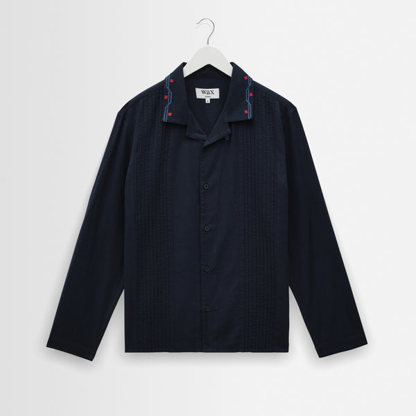 Men's Navy Pintuck Border Cotton-Linen Shirt | Wax London