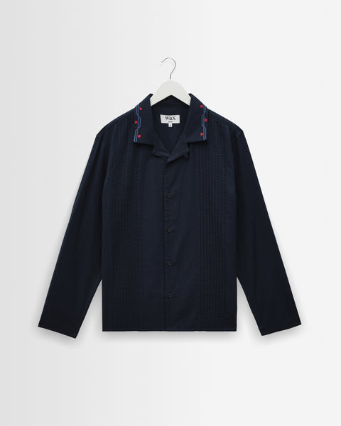 Men's Navy Pintuck Border Cotton-Linen Shirt | Wax London