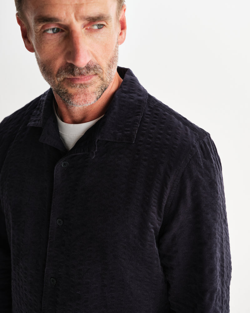 wax london men's Corey - Navy Seersucker Corduroy Shirt
