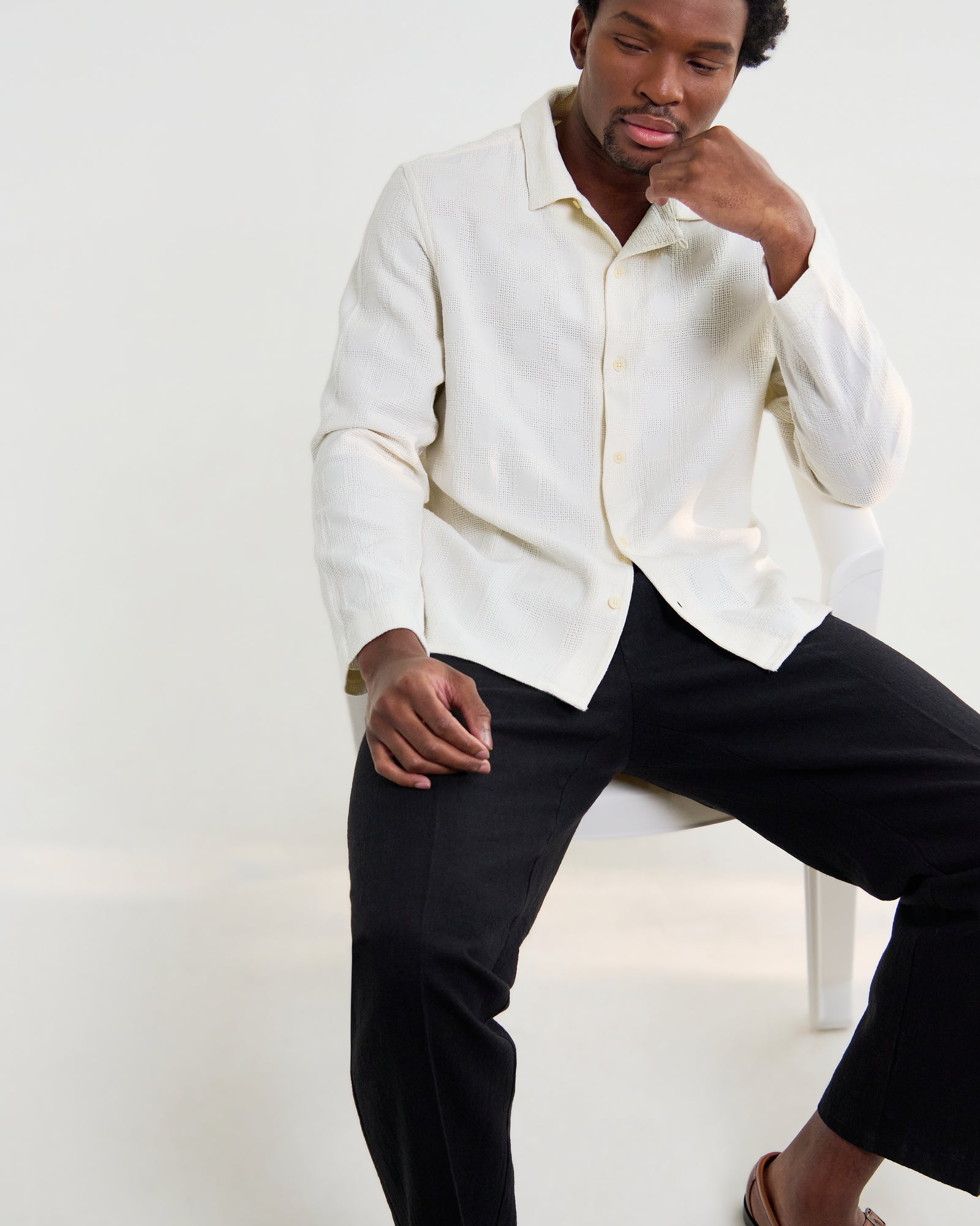Men's Off White Dobby Check Cotton Shirt | Wax London