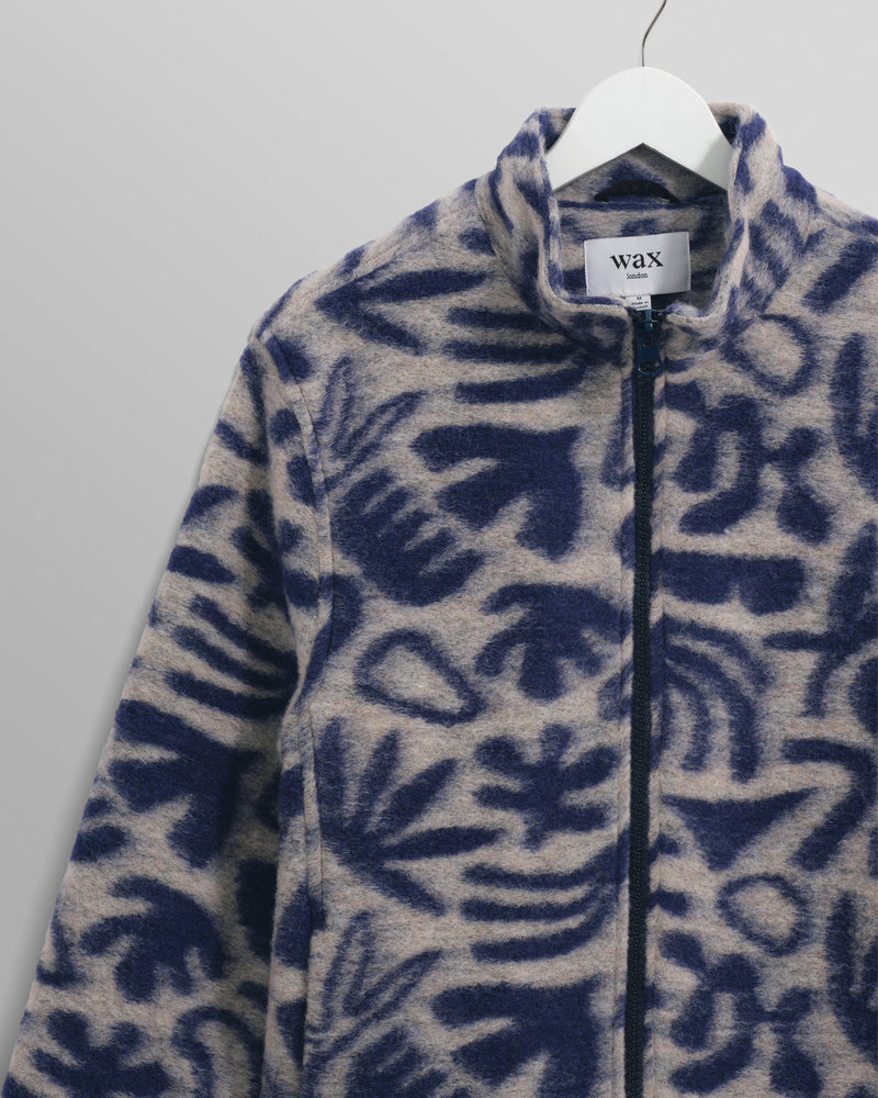 wax london Cozi - Ecru And Navy Squiggle Fleece Jacket