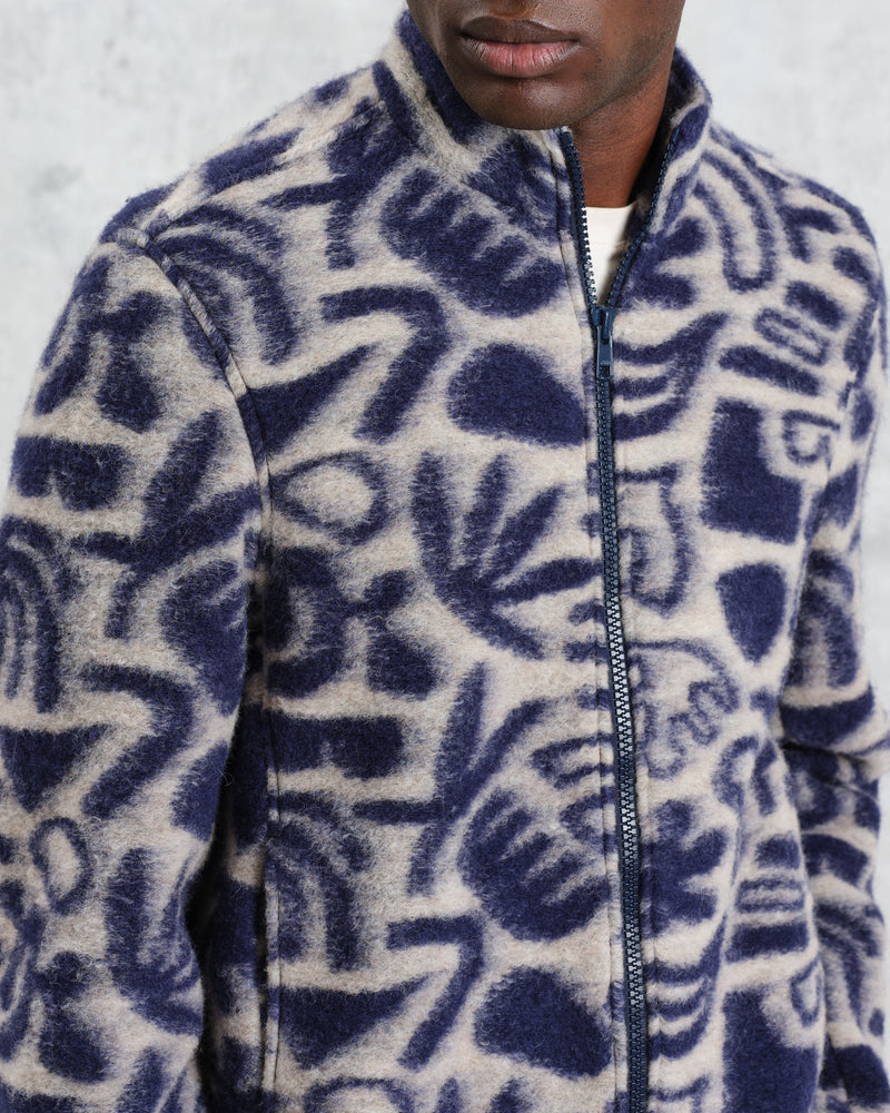 wax london Cozi - Ecru/Navy Squiggle Fleece Jacket