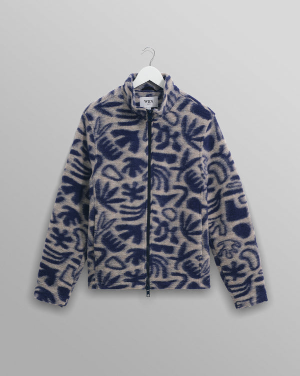 wax london Cozi - Ecru And Navy Squiggle Fleece Jacket