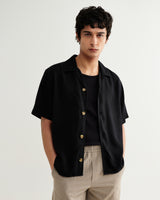 wax london men's Curzon - Black Lyocell Twill Short-Sleeve Shirt
