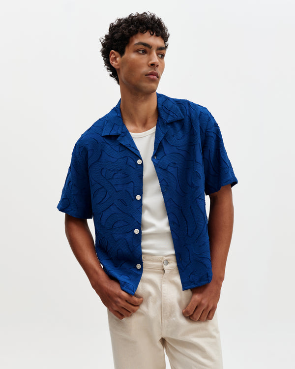 wax london men's Curzon - Blue Jacquard Viscose Short-Sleeve Shirt