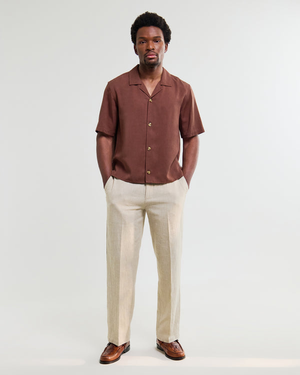 wax london men's Curzon - Brown Lyocell Twill Short-Sleeve Shirt