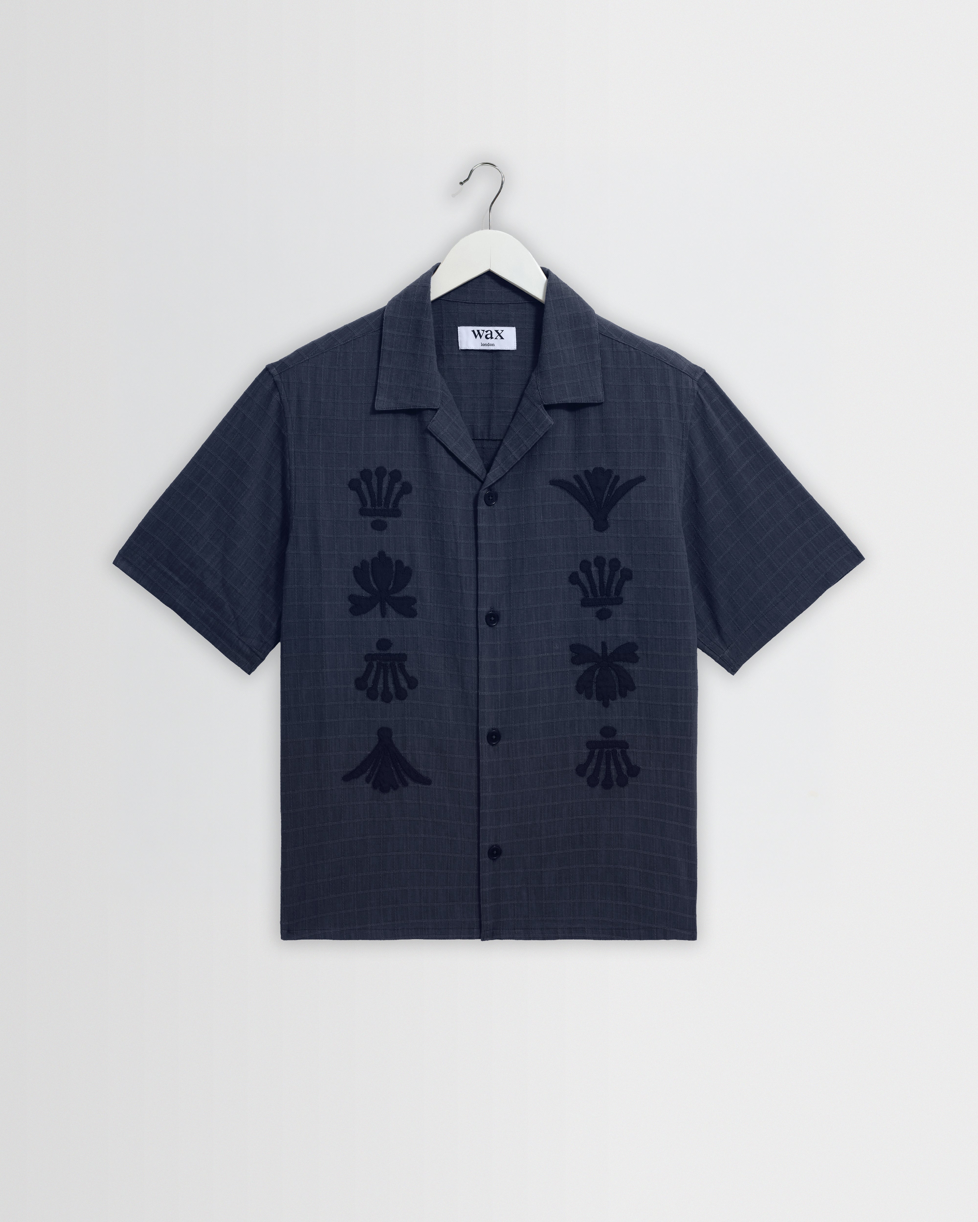 Men's Navy Grid Applique Short-Sleeve Shirt | Wax London
