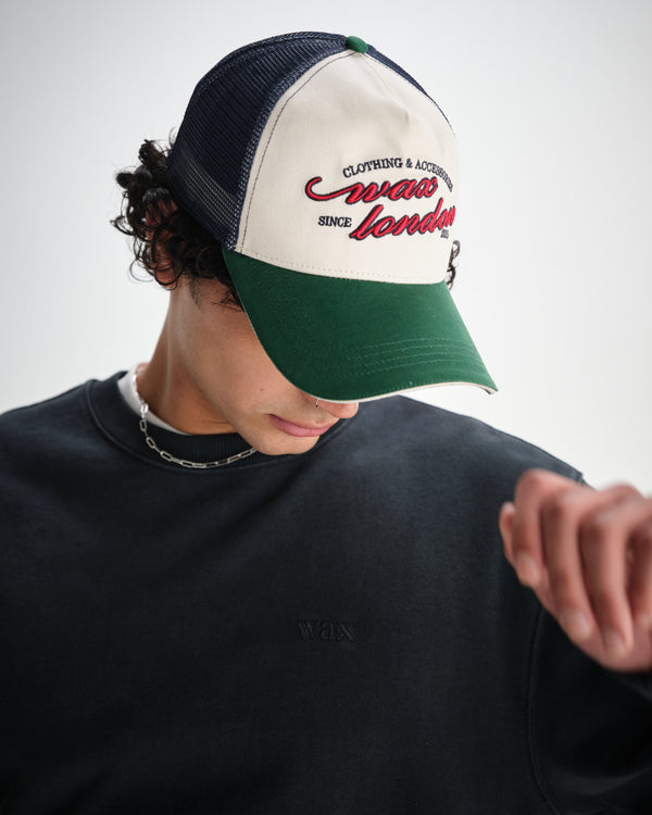 wax london men's Dale - Ecru And Multicolour Script Trucker Cap