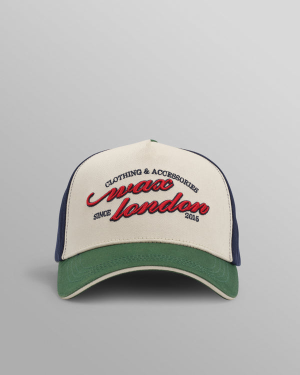 wax london men's Dale - Ecru And Multicolour Script Trucker Cap
